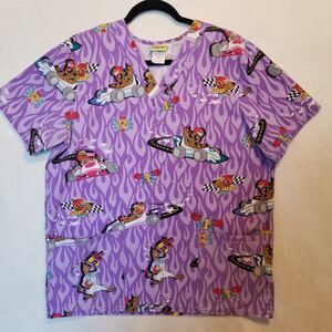 Scooby Doo Medium Scrub Top Purple Race Cars Nursing Pediatrics Vet Workwear